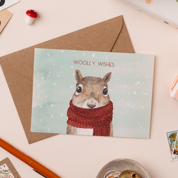 Woolly Wishes Squirrel Christmas Card | Cute Animal Holiday Card | Knitted Christmas | Wintry Thank You Card | Squirrel in a scarf