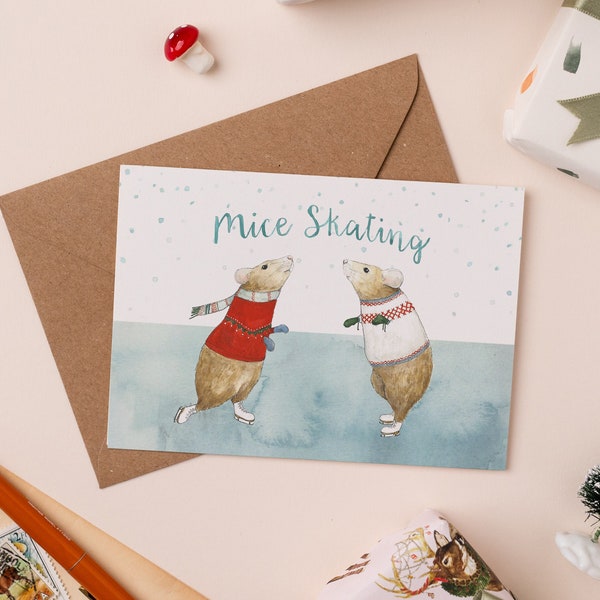 Mice Skating Christmas Card | Funny Christmas Card | Mouse Holiday Illustration | Christmas Mice Greetings Card