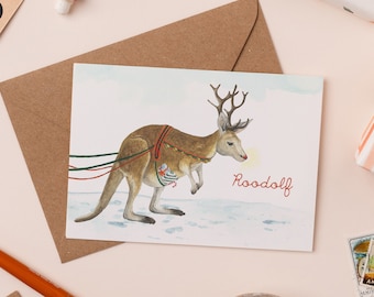 Tarjeta navideña de Roodolf / Canguro divertido / Linda tarjeta navideña / Ilustración navideña australiana / Tarjeta con juego de palabras navideño