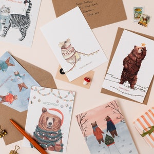 Lot de 6 cartes de Noël | Joli paquet de cartes pour les Fêtes | Cartes de Noël amusantes | Illustrations d'animaux de Noël | Boîte pour cartes de Noël animal