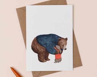 Hugs Greetings Card | Cuddles Card | Animal Illustration | Sending hugs | Mother's Day card | Bear and rabbit drawing