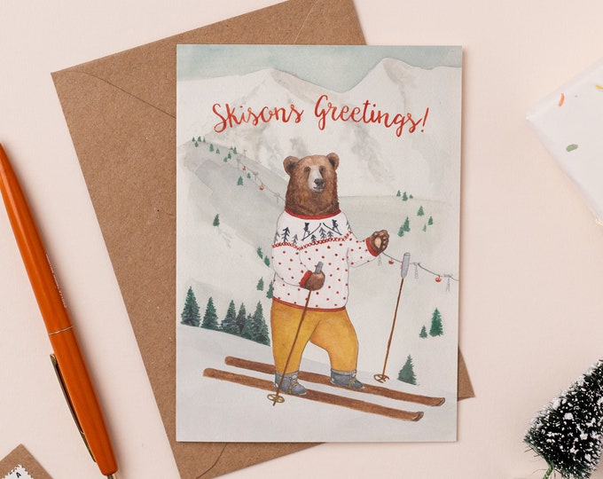 Skisons Greetings Christmas Card: Skiing Bear Watercolour Pun Illustration