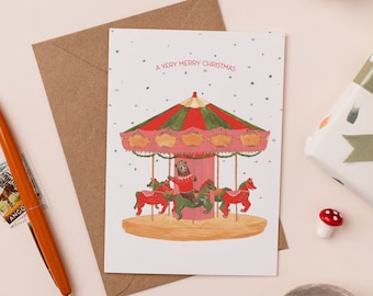 Merry Christmas Go Round Card | Carousel Pun Card | Fairground Ride Holiday Card | Bear Christmas Cards | Christmas Card Pack