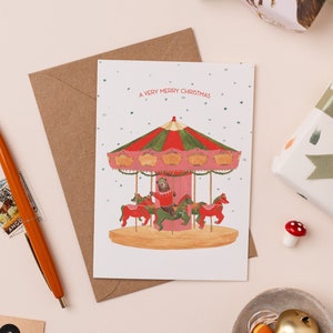 Frohe Weihnachten Go Round Karte | Karussell Wortspiel Karte | Rummelplatz Fahrt Urlaub Karte | Bär Weihnachtskarten | Weihnachtskarten-Packung