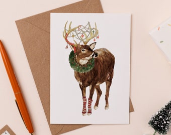 Merry Christmas My Deer Card | Holiday Deer Card | Decorated Stag Christmas Card | Illustrated Card