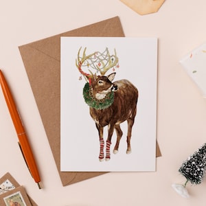 Merry Christmas My Deer Card Holiday Deer Card Decorated Stag Christmas Card Illustrated Card image 1
