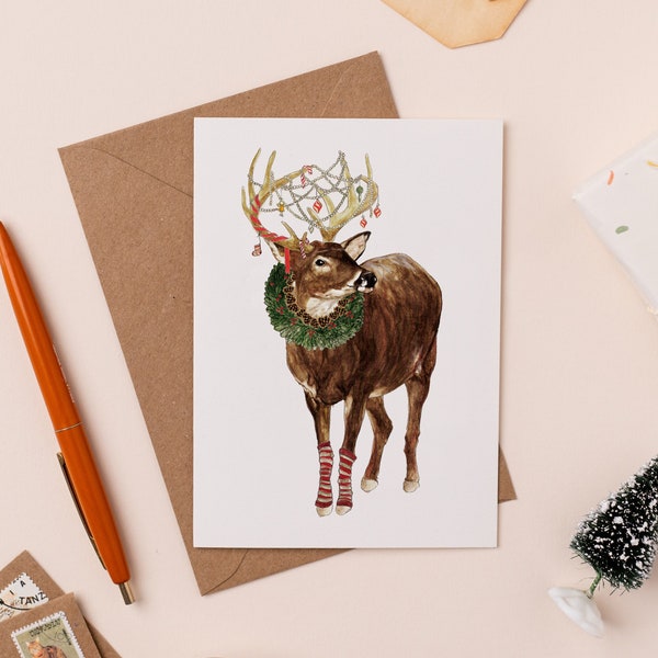 Merry Christmas My Deer Card | Holiday Deer Card | Decorated Stag Christmas Card | Illustrated Card