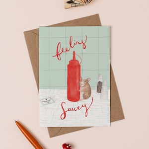 Carte de voeux délirante de Zazzle.be Liste d'envies Vous avez des idées ? Jeu de mots ketchup | d'amour de souris | Carte de Saint-Valentin drôle | Illustration d'un dîner américain | Animal de la Saint-Valentin