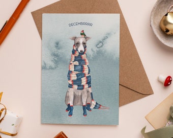 Decembrrrr Christmas Card | Funny Holiday Card | Winter Whippet Illustration | Dog Christmas Card Pun | Dog in a Scarf