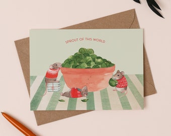 Sprout of this World Christmas Card | Funny Mice | Cute Holiday Card | Brussels Sprout Illustration | Christmas pun card