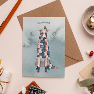 Decembrrrr Christmas Card | Funny Holiday Card | Winter Whippet Illustration | Dog Christmas Card Pun | Dog in a Scarf