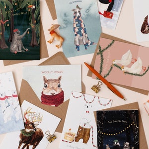 Lot de 10 cartes de Noël | Jeu de mots de passe pour les Fêtes | Cartes de Noël amusantes | Boîte pour cartes animal de Noël | Cartes de Noël illustrées