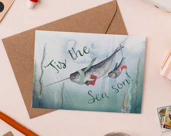 Tis The Sea Son Christmas Card | Narwhal Illustration Christmas Card | Under The Sea Holiday Card | Cute Christmas Card |