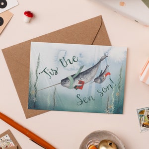 Tis The Sea Son Weihnachtskarte | Narwhal Illustration Weihnachtskarte | Unter dem Meer Urlaub Karte | Süße Weihnachtskarte |