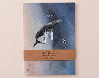 Whale Notebook | Illustrated Animal Notebook | Whale and Fish Stationery | Illustrated Blue A5 Notebook | Undersea Lined Journal
