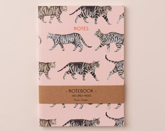 Cat Walk Notebook | Animal Pattern Notebook | Tabby Cat Stationery | Illustrated Pink A5 Notebook | Lined Journal