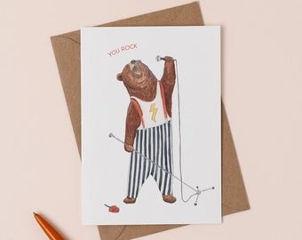 You Rock Card | Rockstar Bear Illustration | Bear Thank You Card | Funny Bear Drawing | Freddy Mercury Animal Card | Valentine's Bear Card