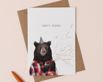 de voeux Party Poppa | Carte d'anniversaire de papa | Cadeau papa ours | Carte de jeu de mots pour père | Carte de blague de papa | Illustration de popper festif