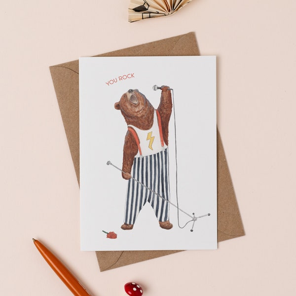 You Rock Card | Rockstar Bear Illustration | Bear Thank You Card | Funny Bear Drawing | Freddy Mercury Animal Card | Valentine's Bear Card