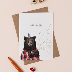 Party Poppa Greetings Card | Dad's Birthday Card | Papa Bear Gift | Pun Card for Father | Dad Joke Card | Party Popper Illustration