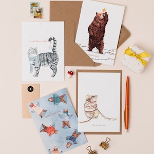 Lot de 4 cartes de Noël | Jeu de mots de passe pour les Fêtes | Cartes de Noël amusantes | Illustrations d'animaux de Noël | Boîte pour cartes animal mignon