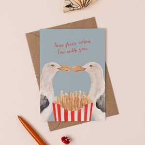 Time Fries When I'm With You Greetings Card Cute Seagull Card Seaside Valentine's Card Chips Illustration Valentine's Day Animal image 1