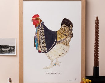 Jimi Hen Drix Print | Jimi Hendrix Pun | Hendrix Wall Art | Funny Animal Illustration | Gift for Music Fans