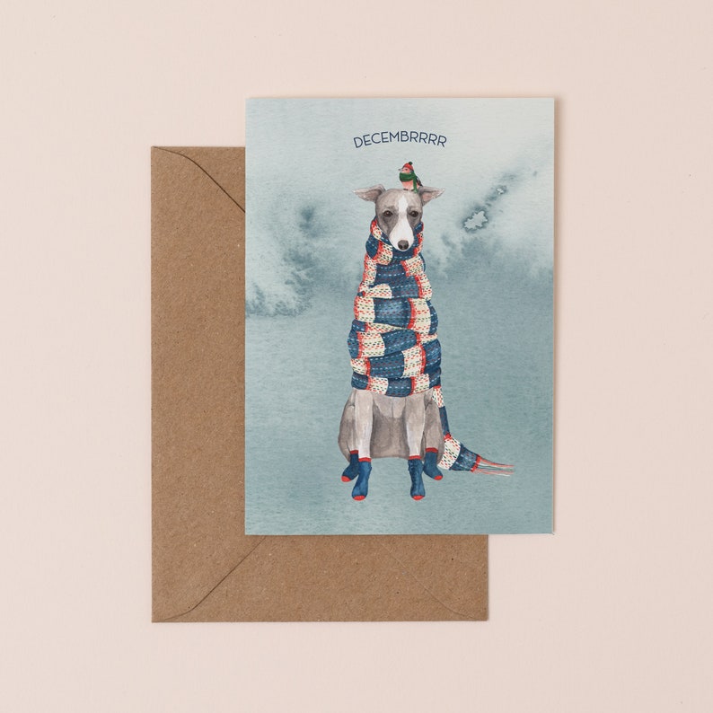 Decembrrrr Christmas Card Funny Holiday Card Winter Whippet Illustration Dog Christmas Card Pun Dog in a Scarf image 4