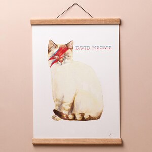 Op de afbeelding: Een witte kat met bruine tabby-markeringen zit met zijn ogen dicht. De kat heeft een rood, blauw en wit bliksemontwerp op zijn gezicht geschilderd. De tekst "DAVID MEOWIE" is in zwart boven de kat gedrukt.