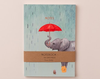 Umbrellelephant Notebook | Elephant Notebook | Animal Stationery | Illustrated Rainy Day A5 Notebook | Lined Journal