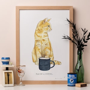 Paies-moi un café | Illustration de chat mignon | Impression tabby roux | Art mural chaton | Cadeau buveur de café | Versez-moi un jeu de mots