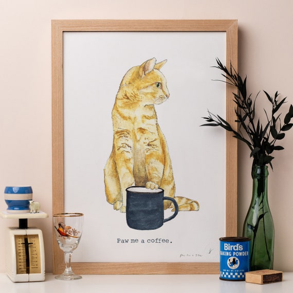 Paw Me a Coffee Ginger Tabby Cat Print: Watercolor Illustration