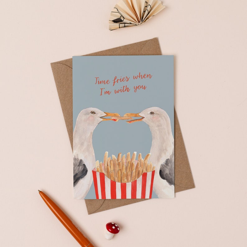 Time Fries When I'm With You Greetings Card Cute Seagull Card Seaside Valentine's Card Chips Illustration Valentine's Day Animal image 1