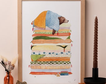 Sleepea Print | Sleepy Bear Wall Art | Princess and the Pea | Children's Bedroom Art | Bear Nursery Art | Fairytale Nursery Illustration