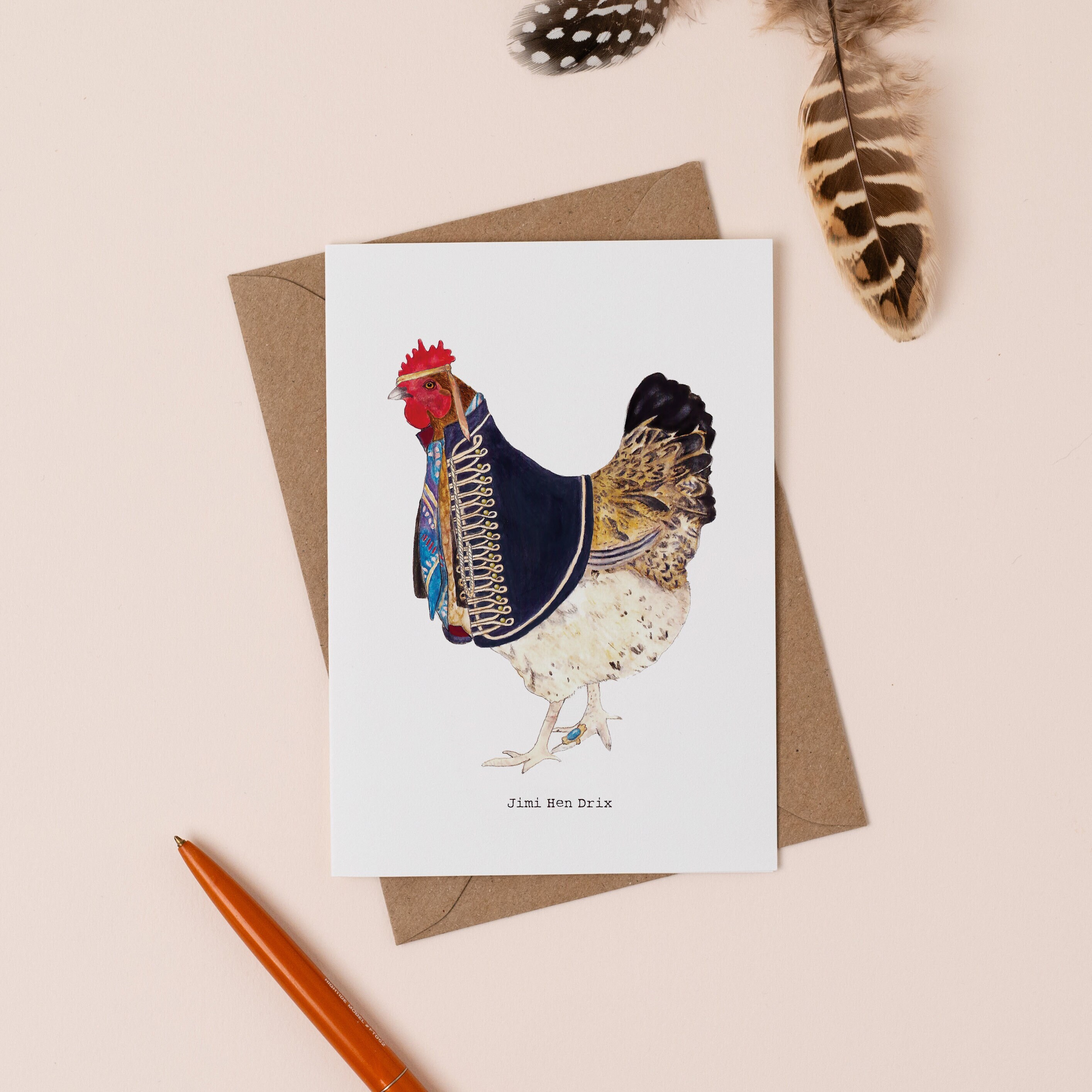 Jimi Hen Drix Greetings Card | Jimi Hendrix Pun | 1960s Music Fan Card | Rooster Illustration | Dad Joke | Mum Joke | Funny Hen Card