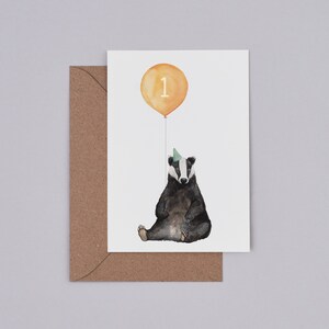 First Birthday Badger Greetings Card Age 1 Card Badger Balloon Illustration Badger Love Card 1st Birthday Card image 3