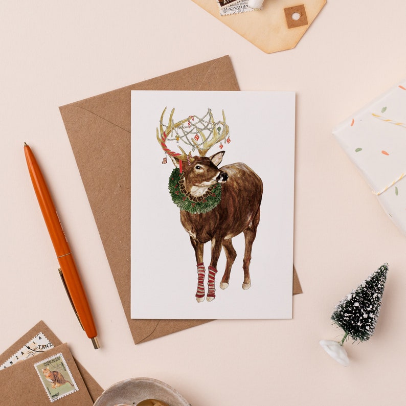 Merry Christmas My Deer Card Holiday Deer Card Decorated Stag Christmas Card Illustrated Card image 1