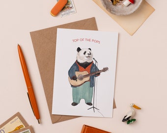 Top of the Pops Greetings Card | Panda Father's Day Card | Dad's Birthday Card | Music Pun | Funny Panda Card | Musician Illustration