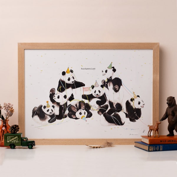 Pandamonium! Print | Cute Panda Wall Art | Animal Illustration | Bear Party Drawing