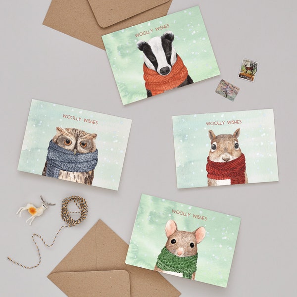 Woolly Wishes Christmas Card Pack | Cute Animal Holiday Cards | Knitted Winter Greeting Cards | Illustrated Cards