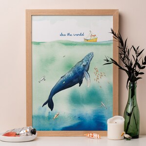 Sea The World Blue Whale Art Print: Ocean Nursery Decor, Travel Inspiration
