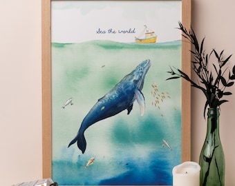 Sea The World Print | Blue Whale Art Print | Ocean Illustration | Travel Inspiration | Kid's Room Wall Art | Undersea Nursery Decor