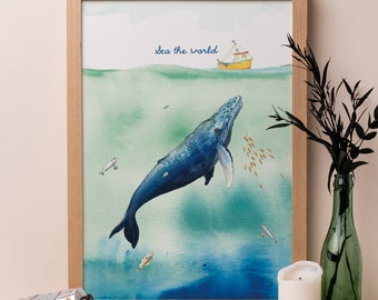 Sea The World Print | Blue Whale Art Print | Ocean Illustration | Travel Inspiration | Kid's Room Wall Art | Undersea Nursery Decor