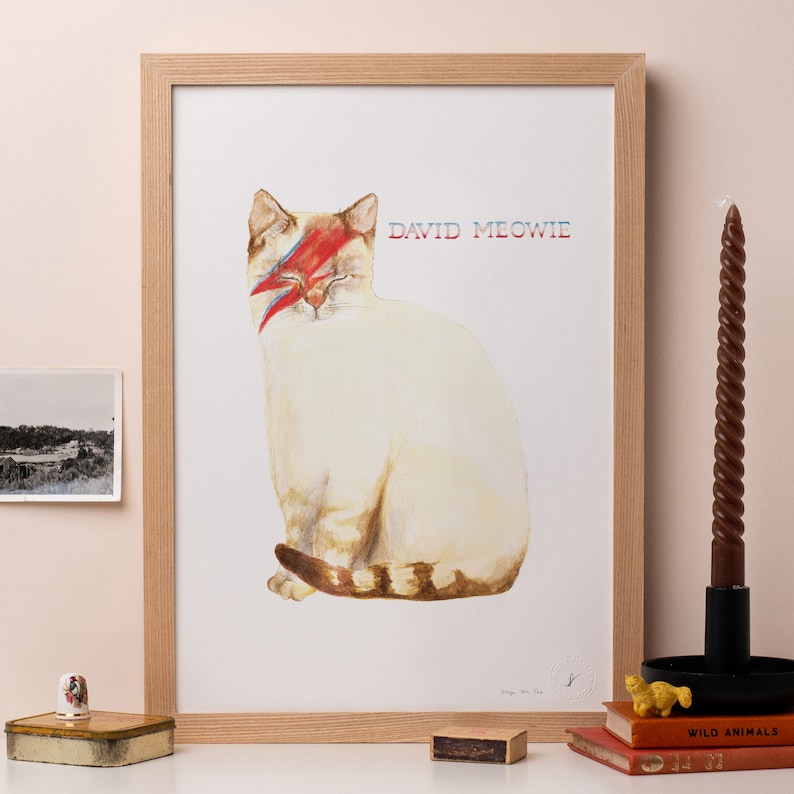 Op de afbeelding: Een aquarel schilderij van een witte kat met een rode en blauwe bliksemflits over zijn oog. De kat zit en kijkt naar rechts. De tekst "DAVID MEOWIE" staat in het zwart boven de kat.