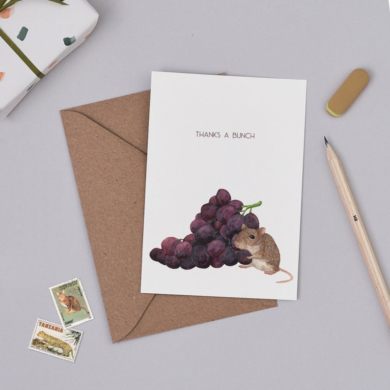 Thanks a Bunch Greetings Card Funny Animal Illustration Cute thank you card Fruit Pun Card Mouse Drawing Wine Lovers Card image 1