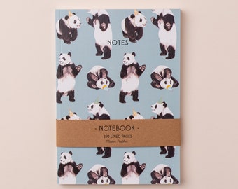 Panda Party Notebook | Animal Pattern Notebook | Panda Bear Stationery | Illustrated Blue A5 Notebook | Lined Journal