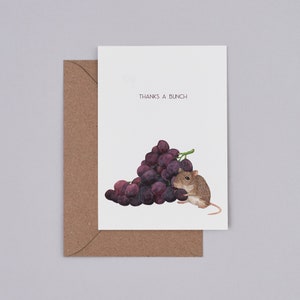 Thanks a Bunch Greetings Card Funny Animal Illustration Cute thank you card Fruit Pun Card Mouse Drawing Wine Lovers Card image 3
