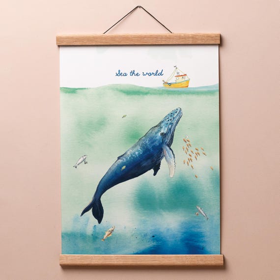 Sea The World シロナガスクジラのアートプリント：海の子供部屋の装飾