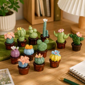 Può includere: Una collezione di figurine di cactus in ceramica in miniatura di varie forme e colori, ciascuna in un piccolo vaso marrone. I cactus presentano colori pastello e delicati accenti floreali, creando un'esposizione stravagante e decorativa.