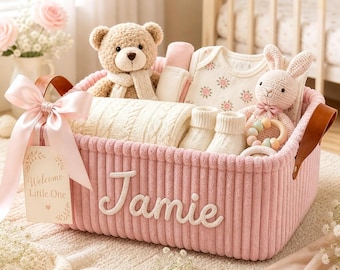Personalisierter Stickerei Baby-Aufbewahrungskorb, benutzerdefinierter Name Baby-Kinderzimmer-Aufbewahrungskorb, Mütter, um Geschenke zu sein, Kinderzimmer-Organisator mit Ledergriffen